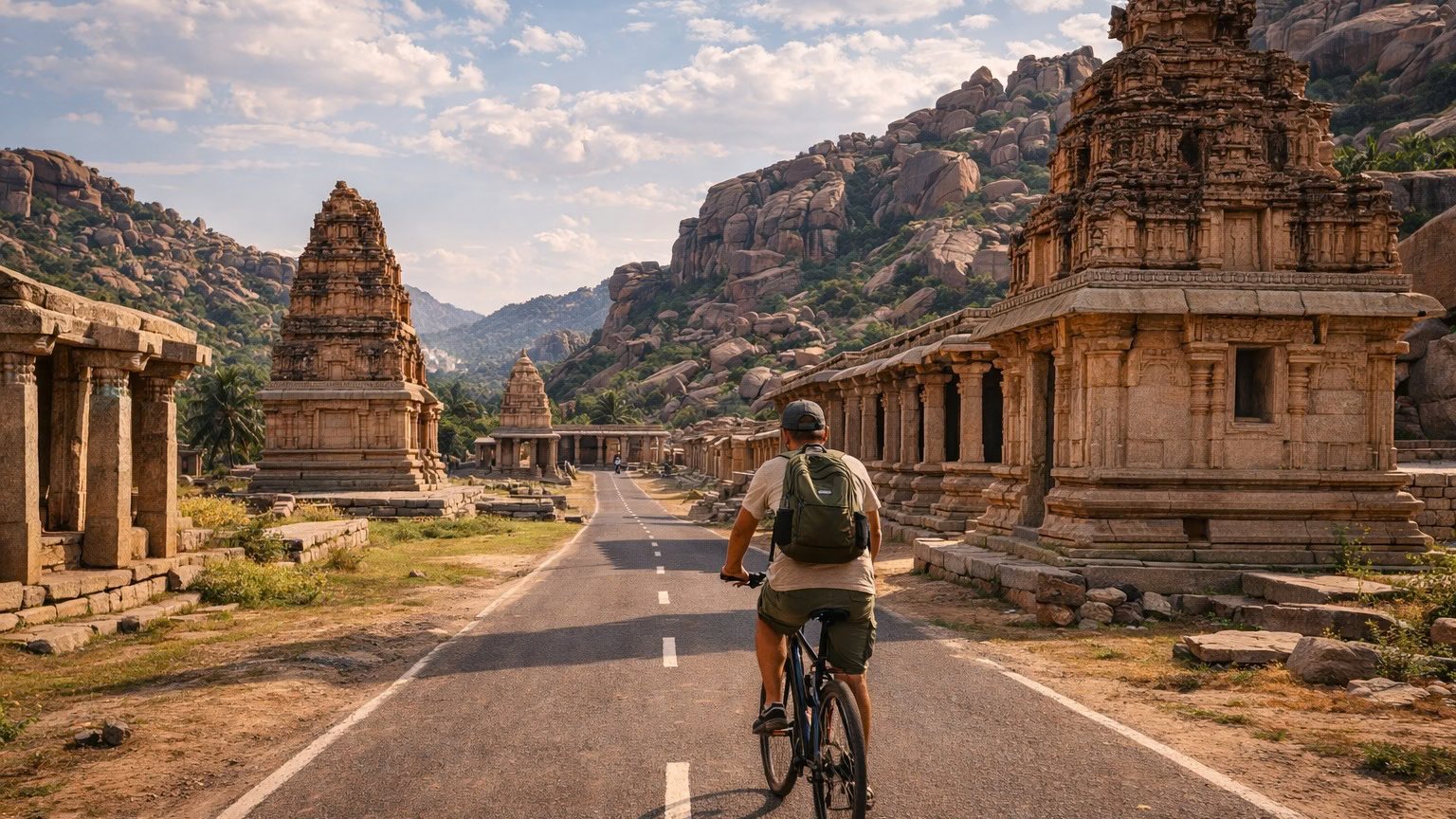 A cyclist on the road running through the Hampi ruins