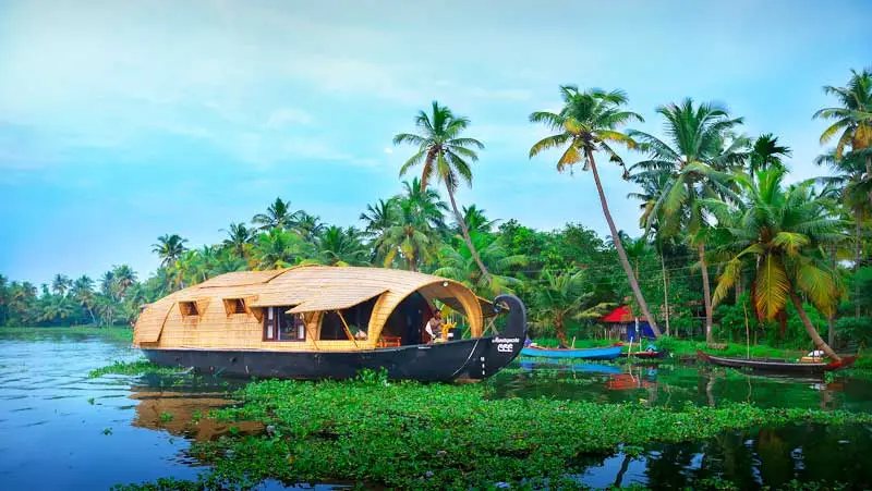 A kettuvallam houseboat moored in the Kerala backwaters